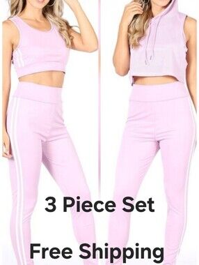 Lavender Pink 3-Piece Active Set - High-Rise Leggings, Crop Tank & Hooded Top